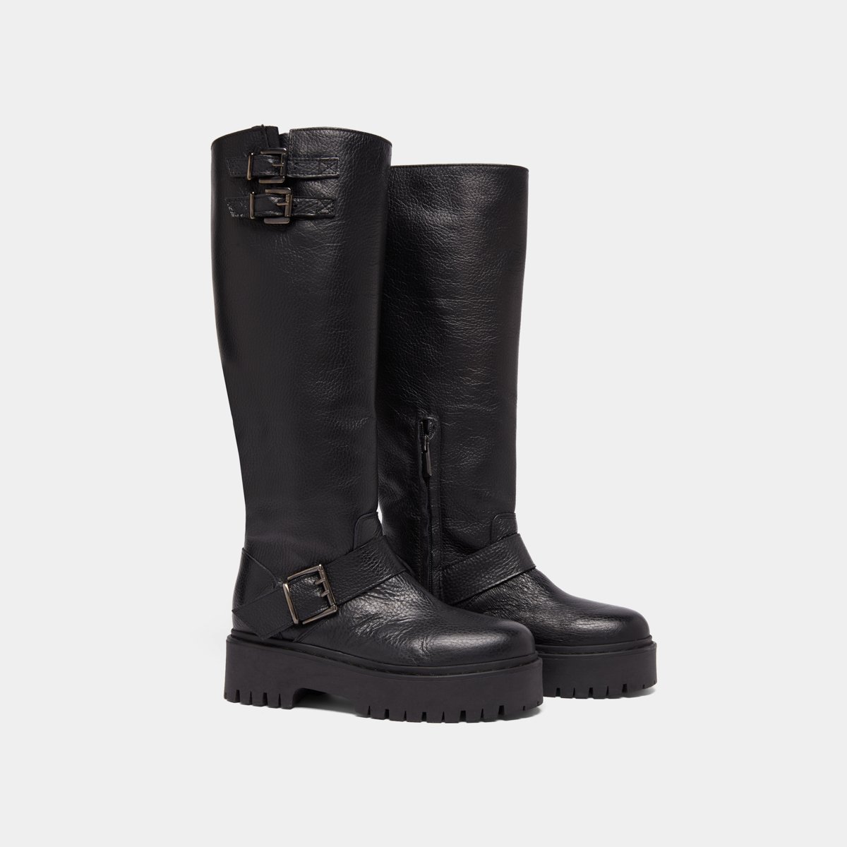 Chunky Strap Boots with Treaded Soles in black grained leather | REINE