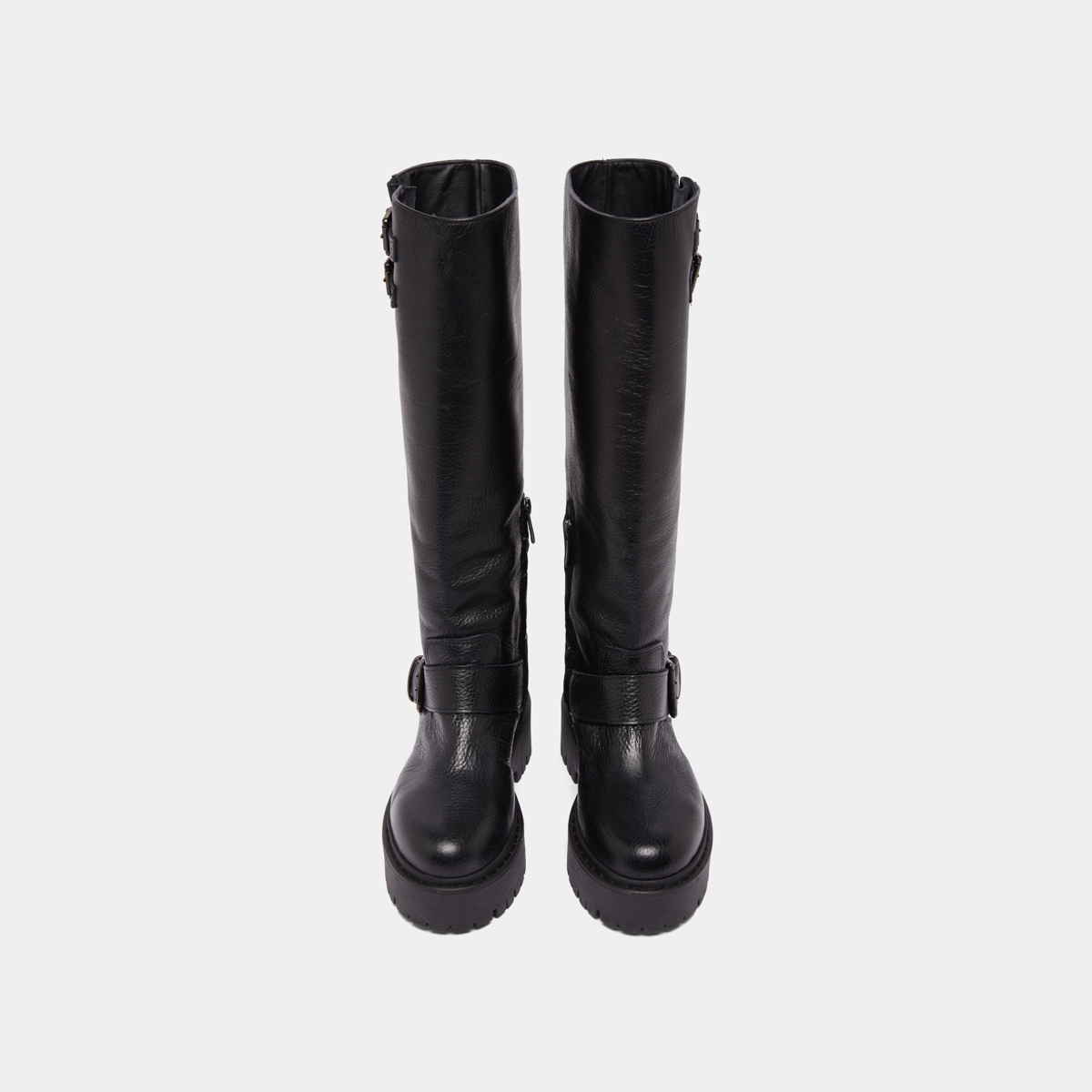 Chunky Strap Boots with Treaded Soles in black grained leather | REINE