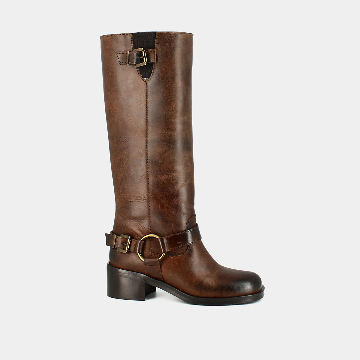 High boots with round toes and buckles in brown distressed leather | ROYAN