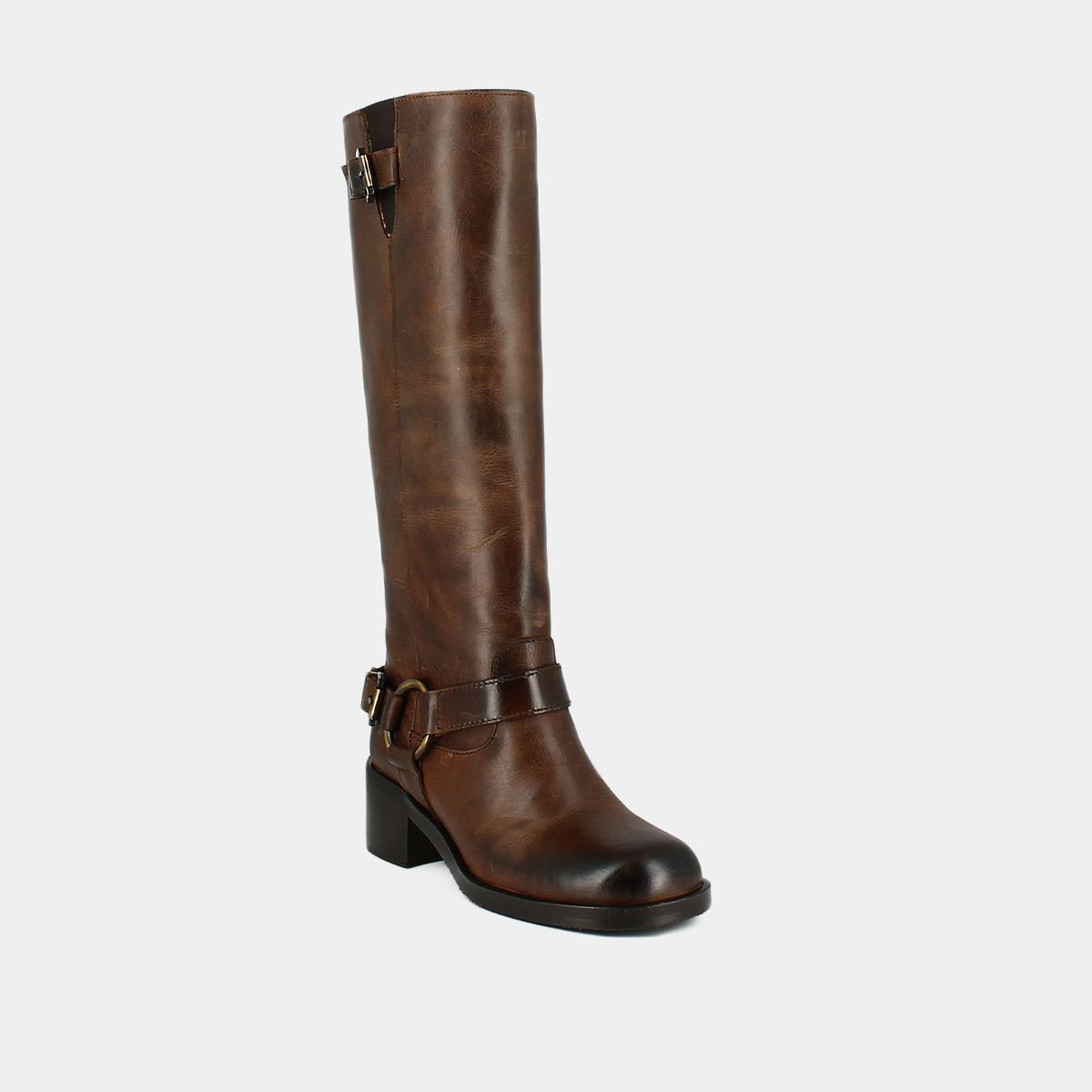 High boots with round toes and buckles in brown distressed leather | ROYAN