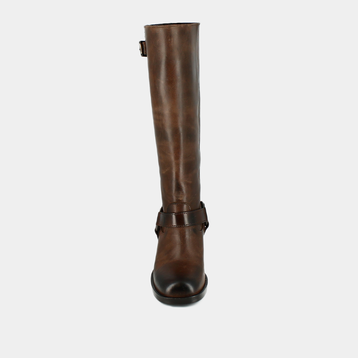 High boots with round toes and buckles in brown distressed leather | ROYAN