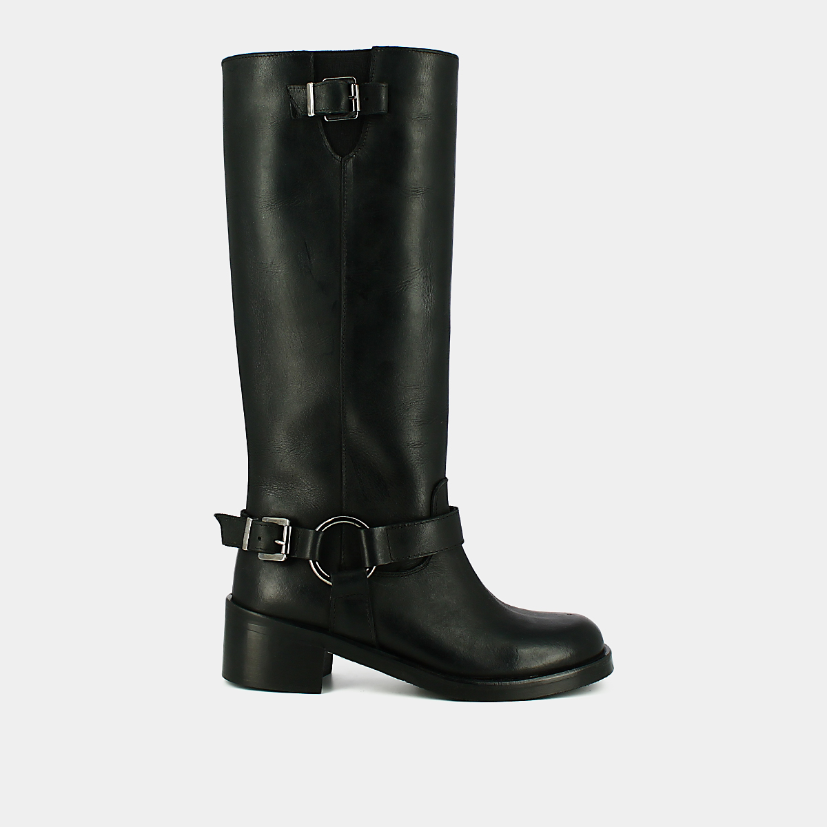 High boots with round toes and buckles in black patinated leather | ROYAN