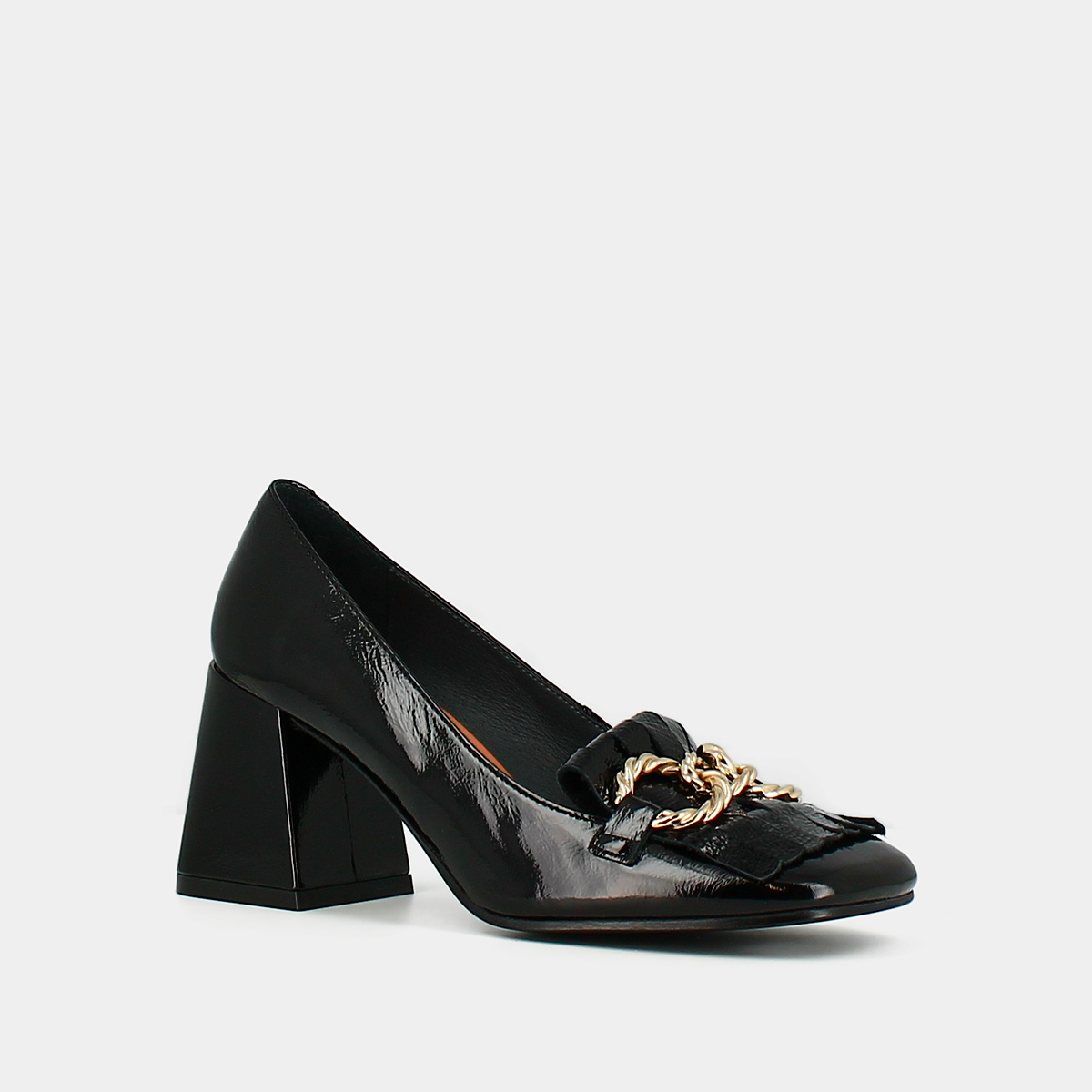 Heeled loafers with gold buckles in black leather | DOMITILLE
