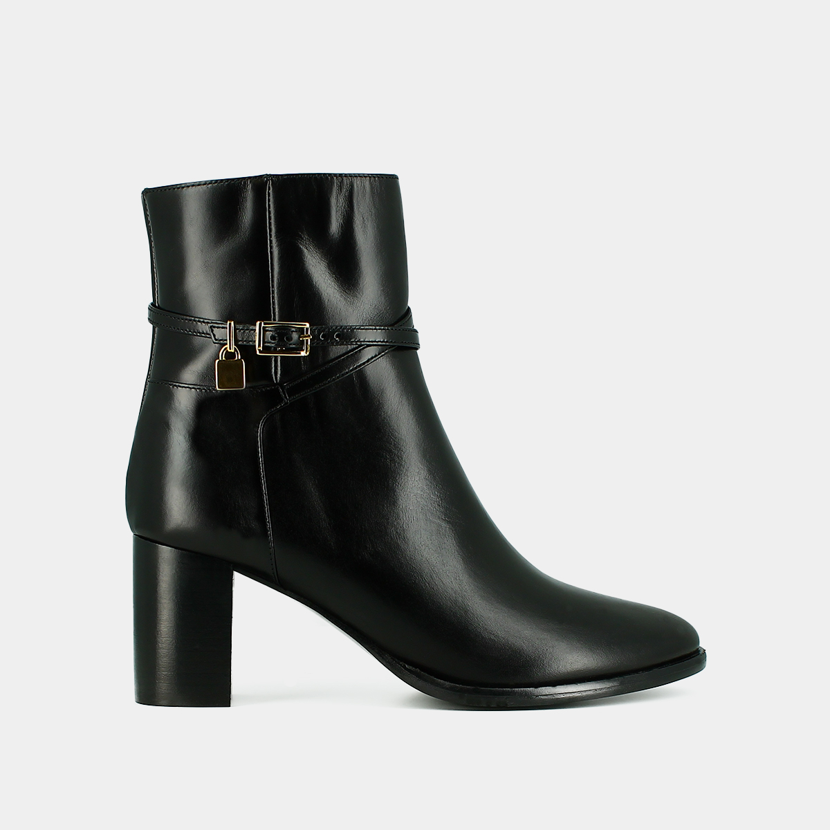Ankle boots with high heels and gold charms in black leather | DRAME