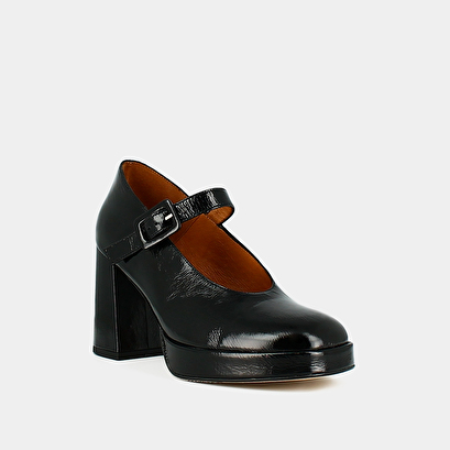 Square-toe platform slippers in black shiny leather | vesoul
