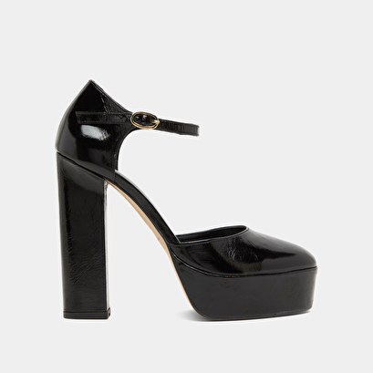 Heeled mary jane and platforms in black glazed leather | vancouver