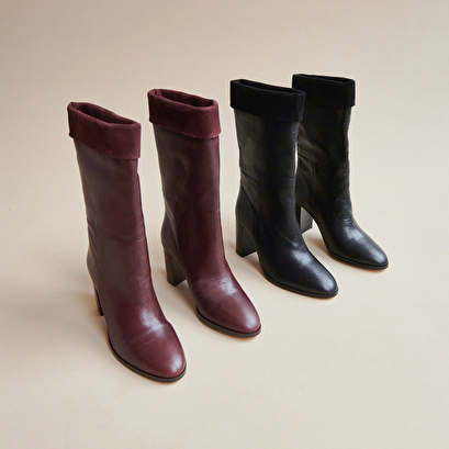 Pointed boots in burgundy leather and velvet | vannes