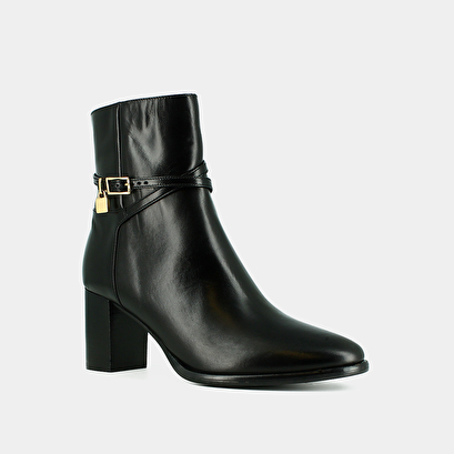 Ankle boots with high heels and gold charms in black leather | drame