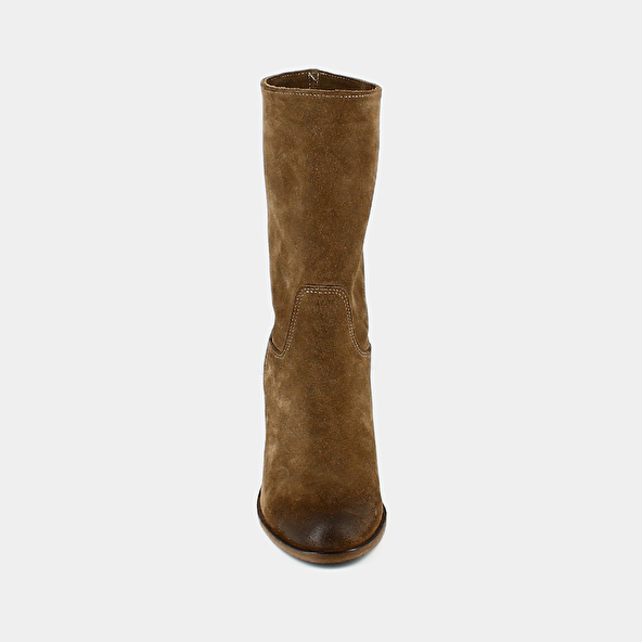 Boots with heels and oval toes in cognac suede | FRANCINE