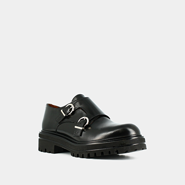 Derbies with double buckles and notched soles in black glazed leather | AMSTERDAM