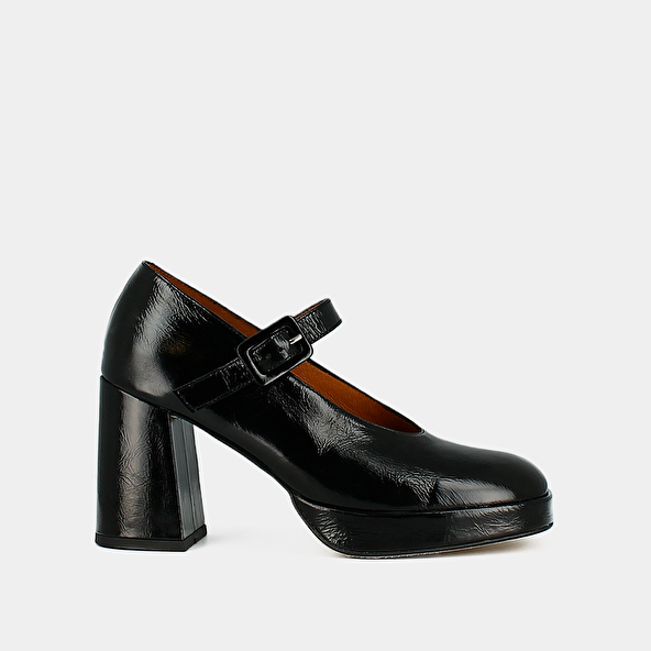 Square-toe platform slippers in black shiny leather | VESOUL