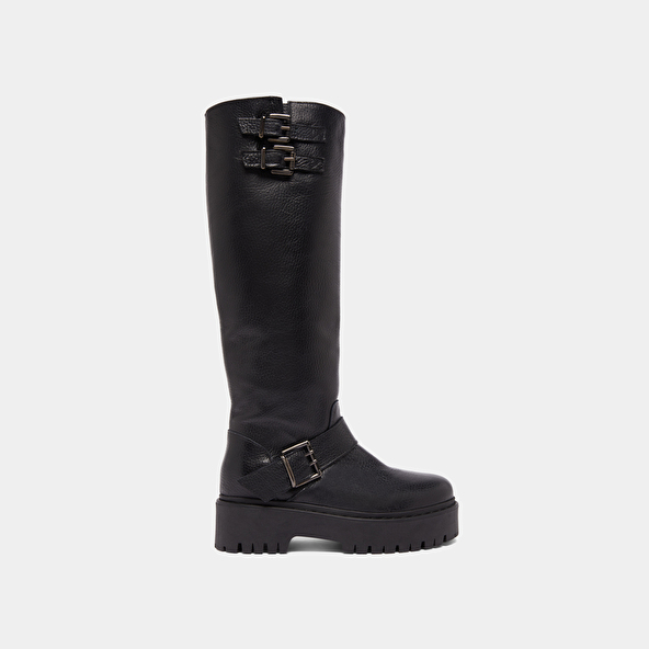 Chunky Strap Boots with Treaded Soles in black grained leather | REINE
