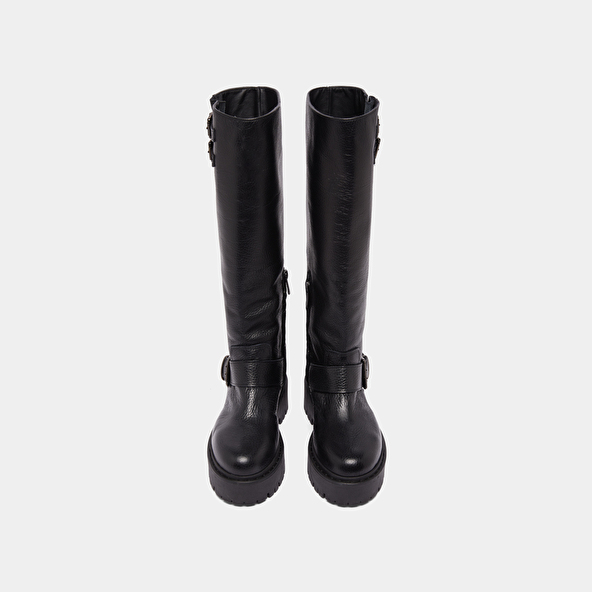 Chunky Strap Boots with Treaded Soles in black grained leather | REINE