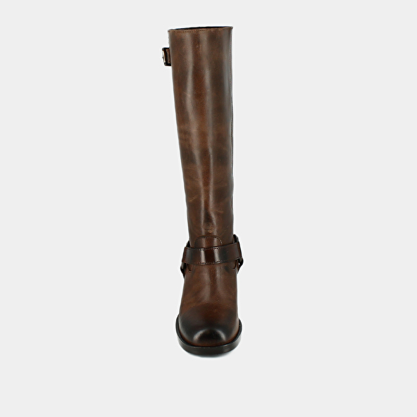 High boots with round toes and buckles in brown distressed leather | ROYAN