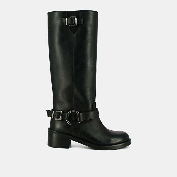 High boots with round toes and buckles in black patinated leather | ROYAN