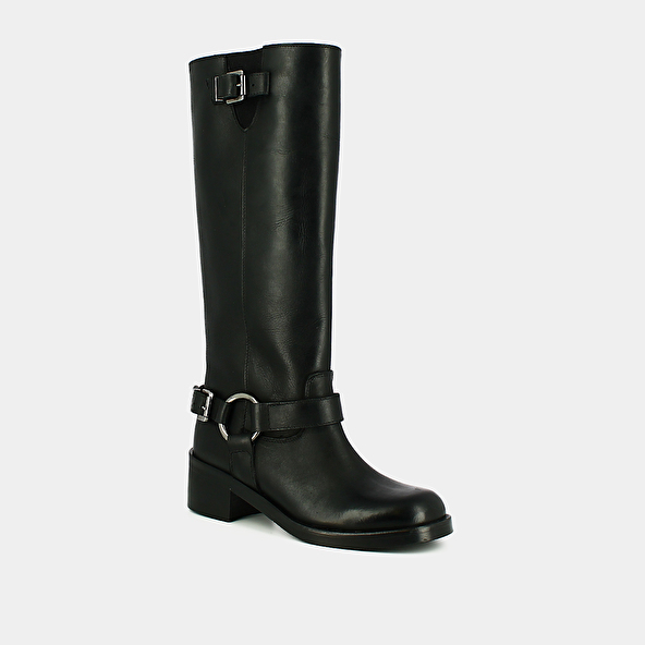 High boots with round toes and buckles in black patinated leather | ROYAN