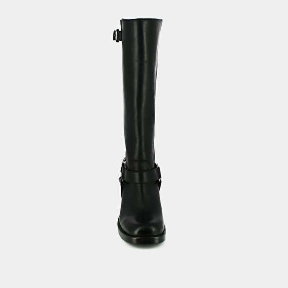 High boots with round toes and buckles in black patinated leather | ROYAN