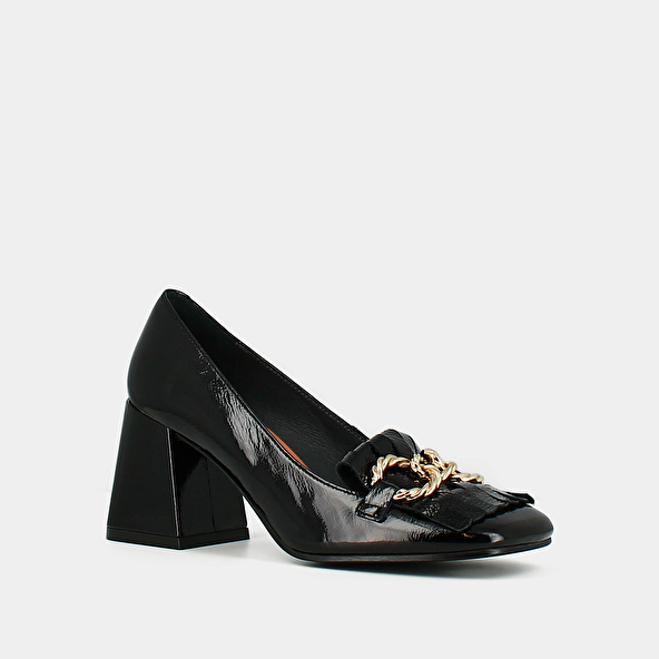 Heeled loafers with gold buckles in black leather | DOMITILLE
