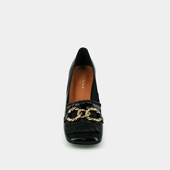 Heeled loafers with gold buckles in black leather | DOMITILLE