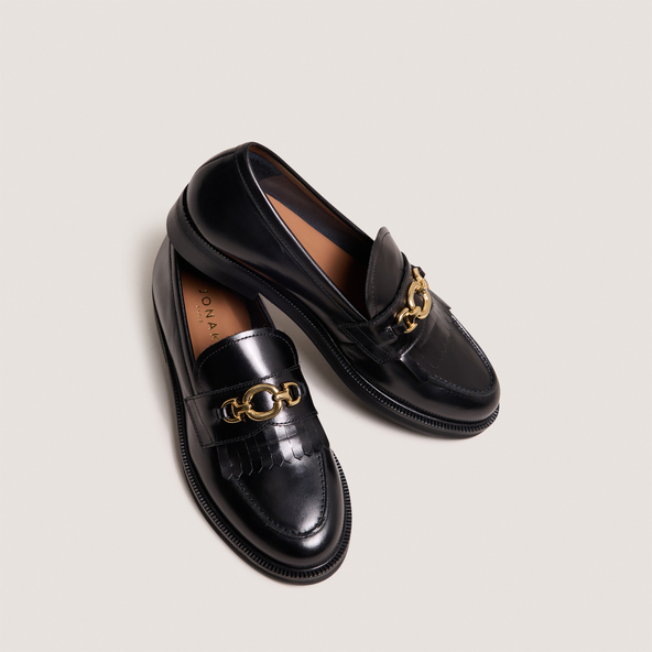 Loafers with gold buckles in black leather | DELPHES