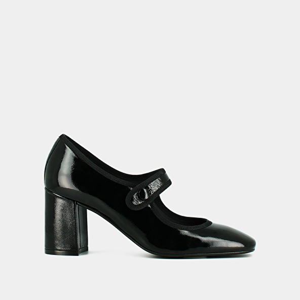 Heeled babies with big buckle straps in black pleated patent leather | DRANCY