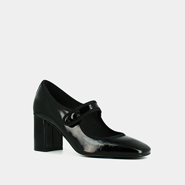 Heeled babies with big buckle straps in black pleated patent leather | DRANCY