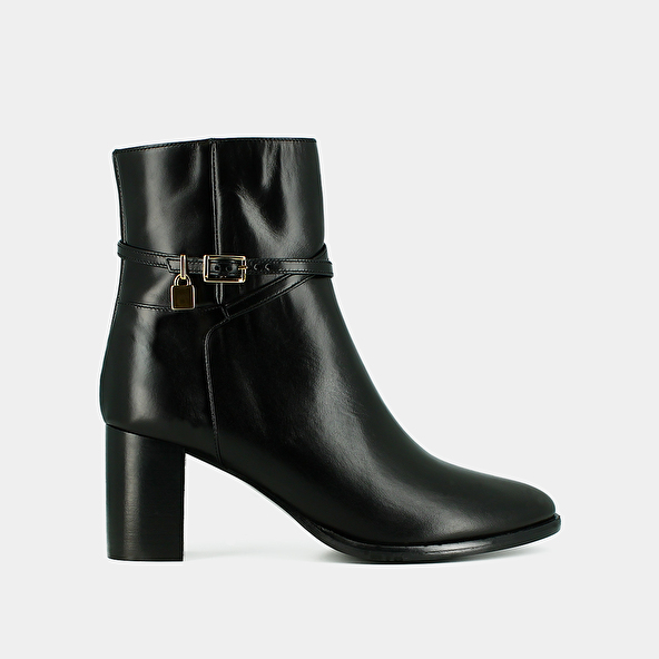 Ankle boots with high heels and gold charms in black leather | DRAME