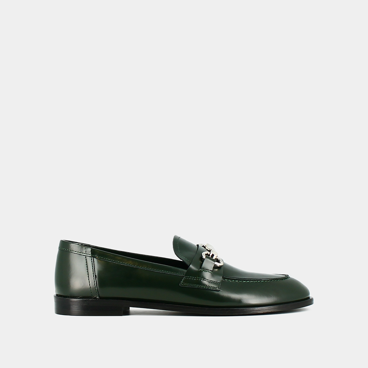 Loafers with silver bits in green glazed leather | DRAGUIGNAN
