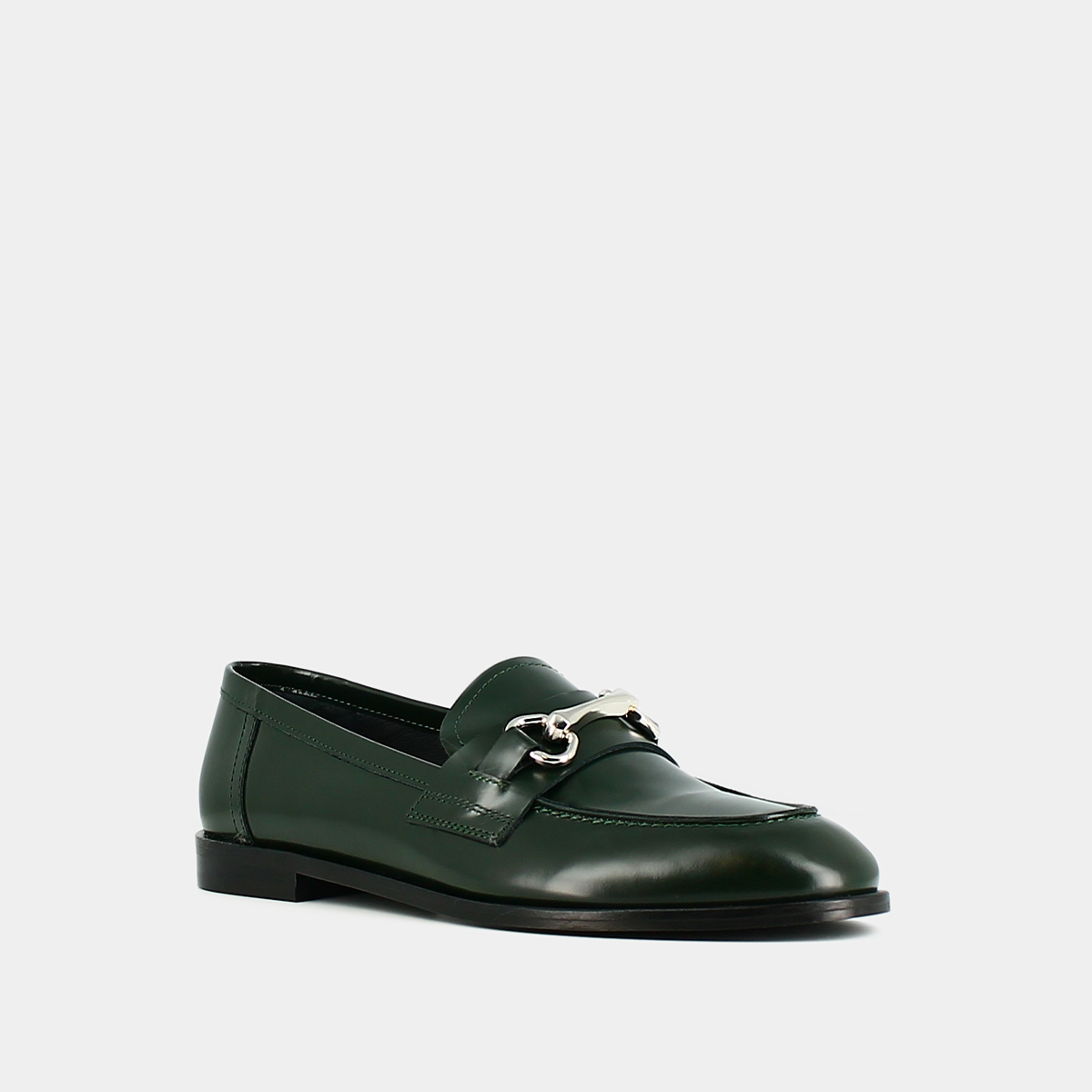 Loafers with silver bits in green glazed leather | DRAGUIGNAN