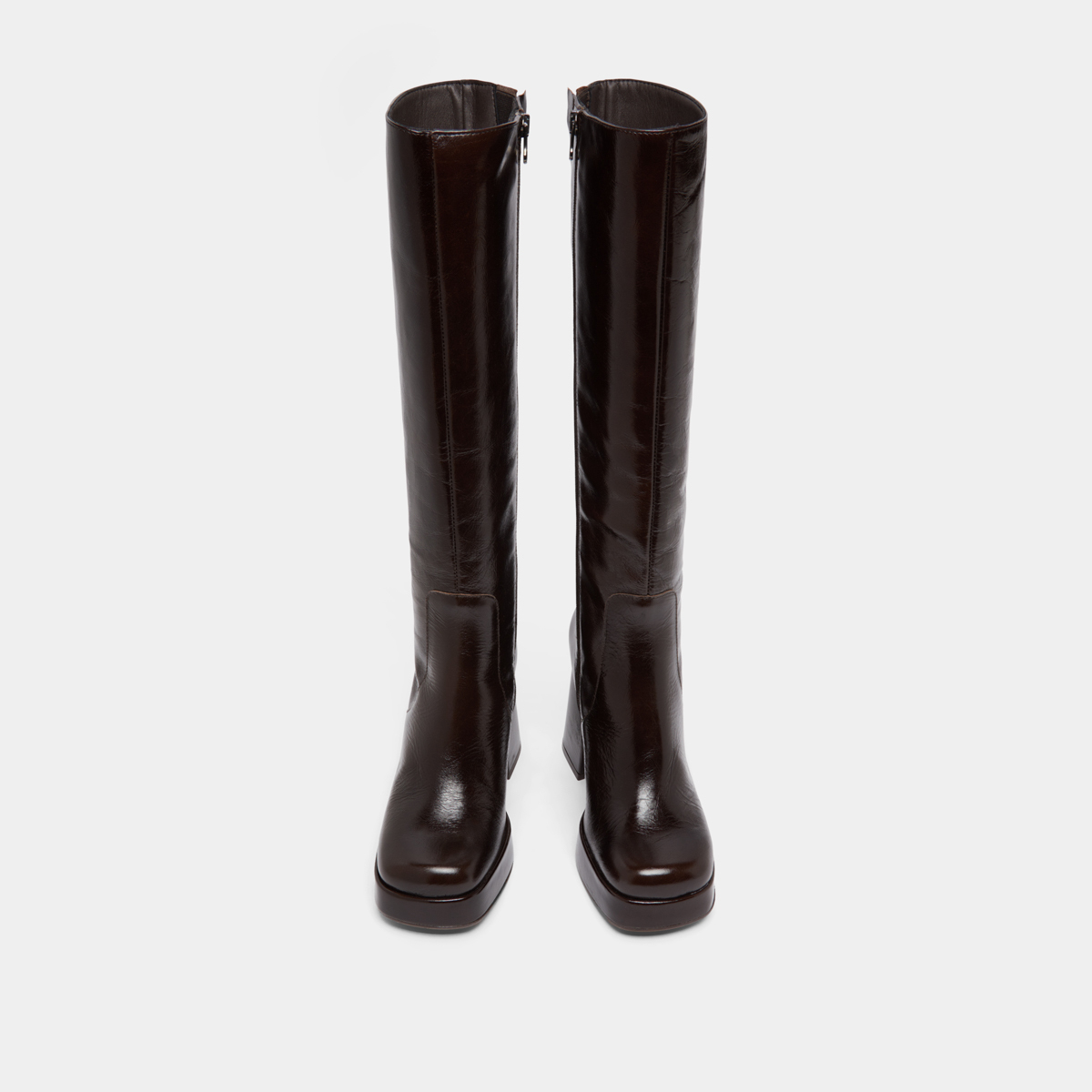 Heeled boots with square-toe in dark brown shiny leather | BRYAN