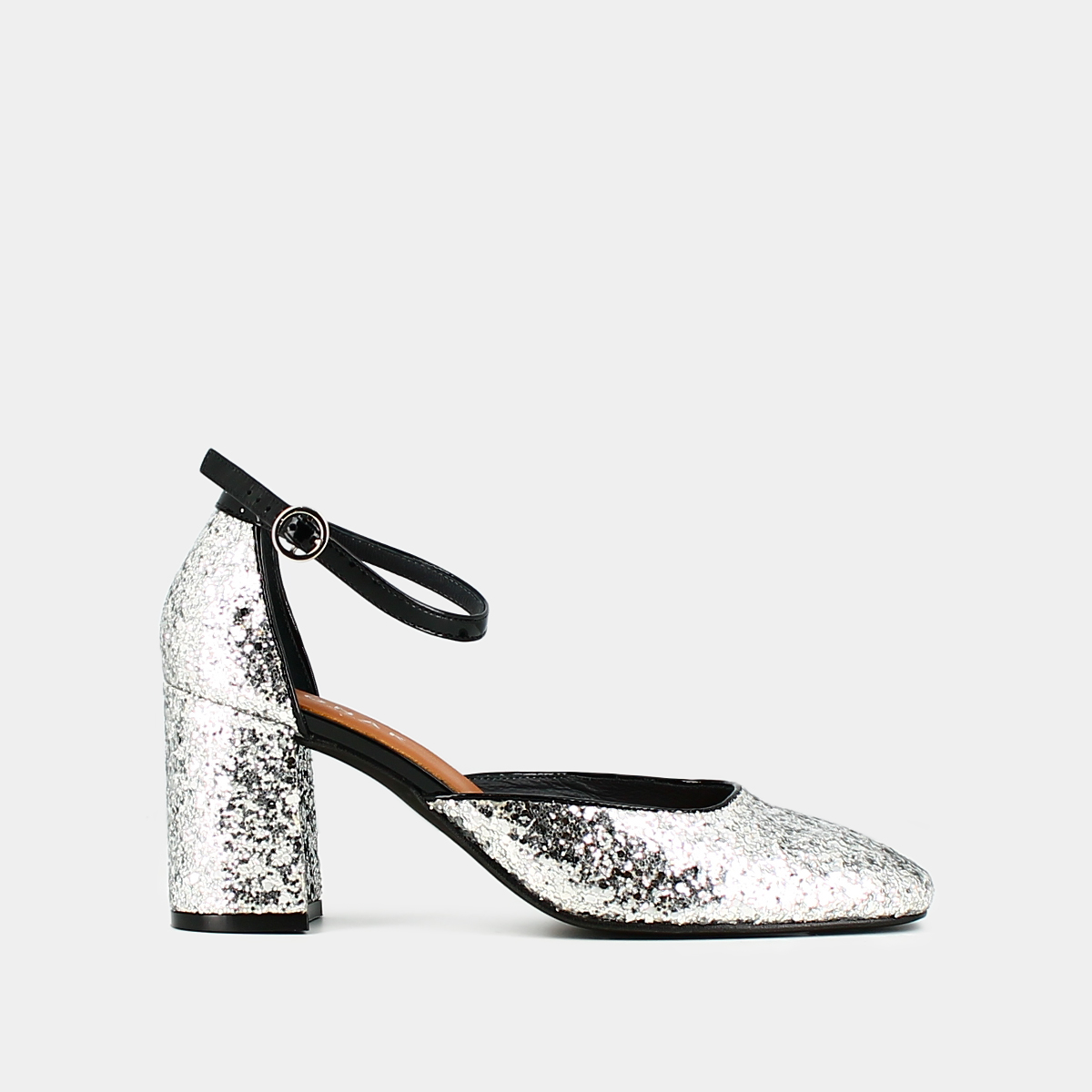 Salomes with straps in silver and black glitter and patent | DOUGGIE