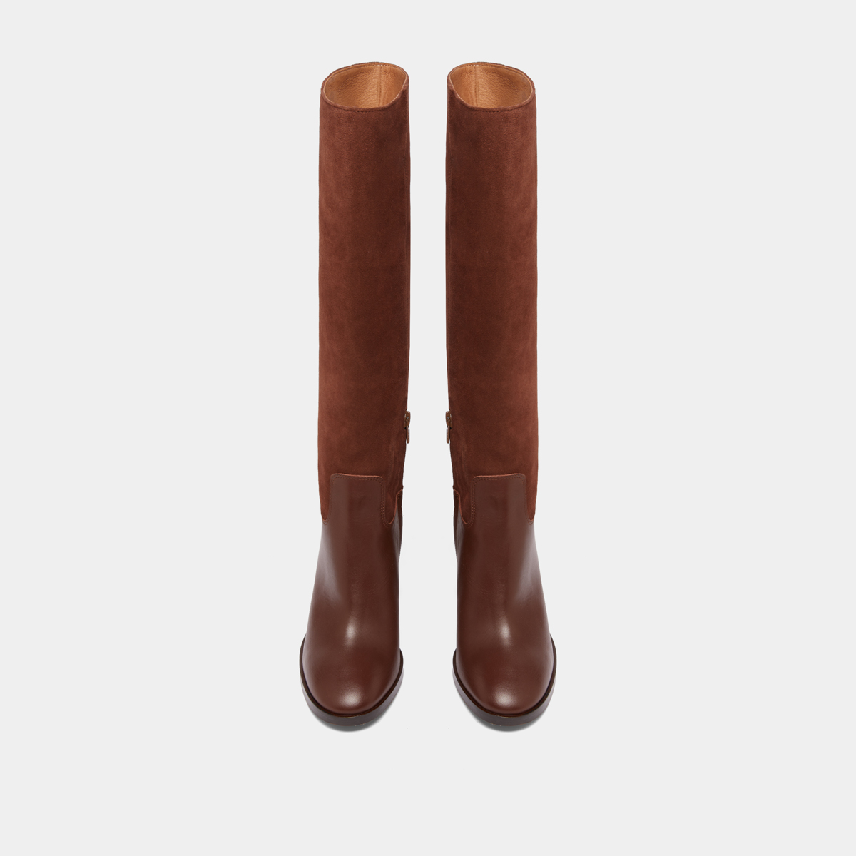 Bottes à talons in cognac leather and suede | DOWN