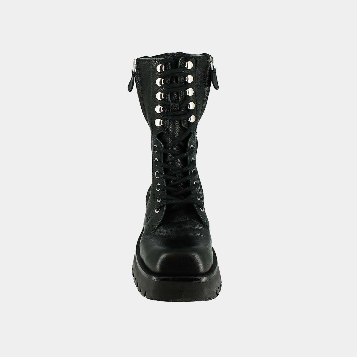 Ranger ankle boots with laces, zips and square toes - Jonak x Schott in black grained leather | BROADWAY