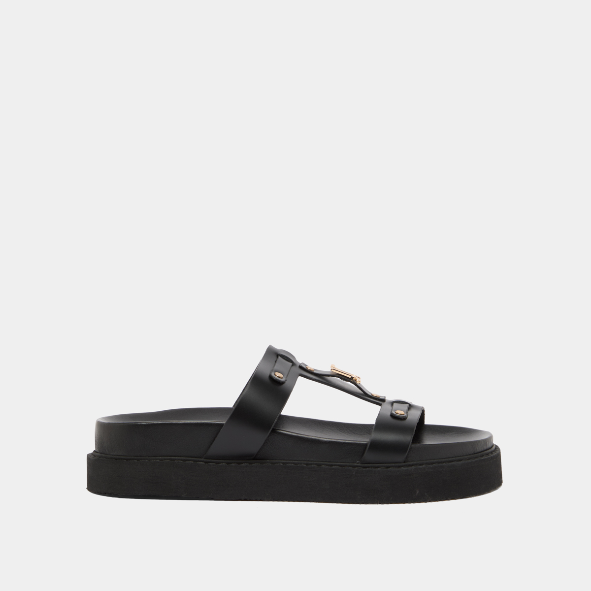 Platform sandals in black glazed leather | LUANA