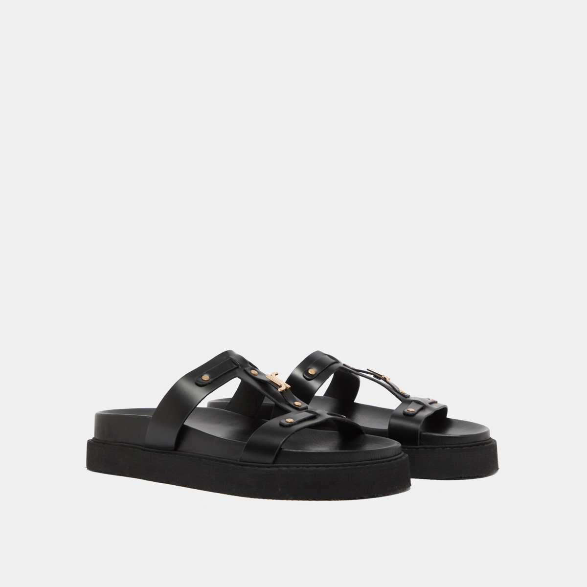 Platform sandals in black glazed leather | LUANA