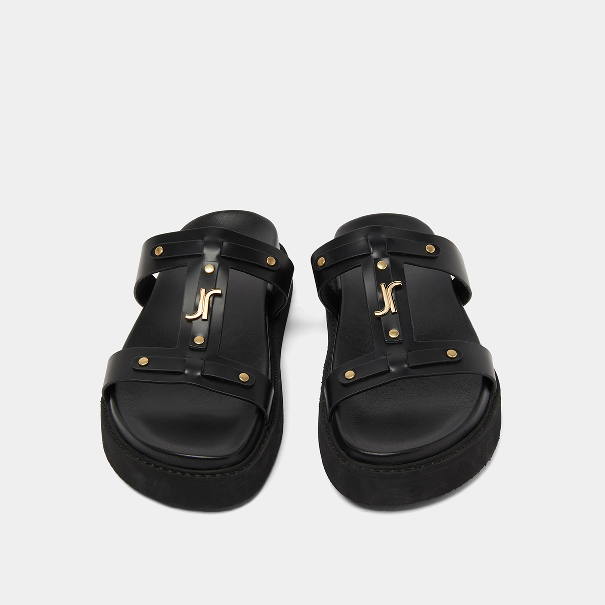 Platform sandals in black glazed leather | LUANA
