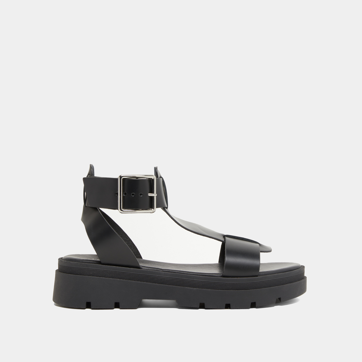 Platform sandals with thick straps in black glazed leather | LILLE