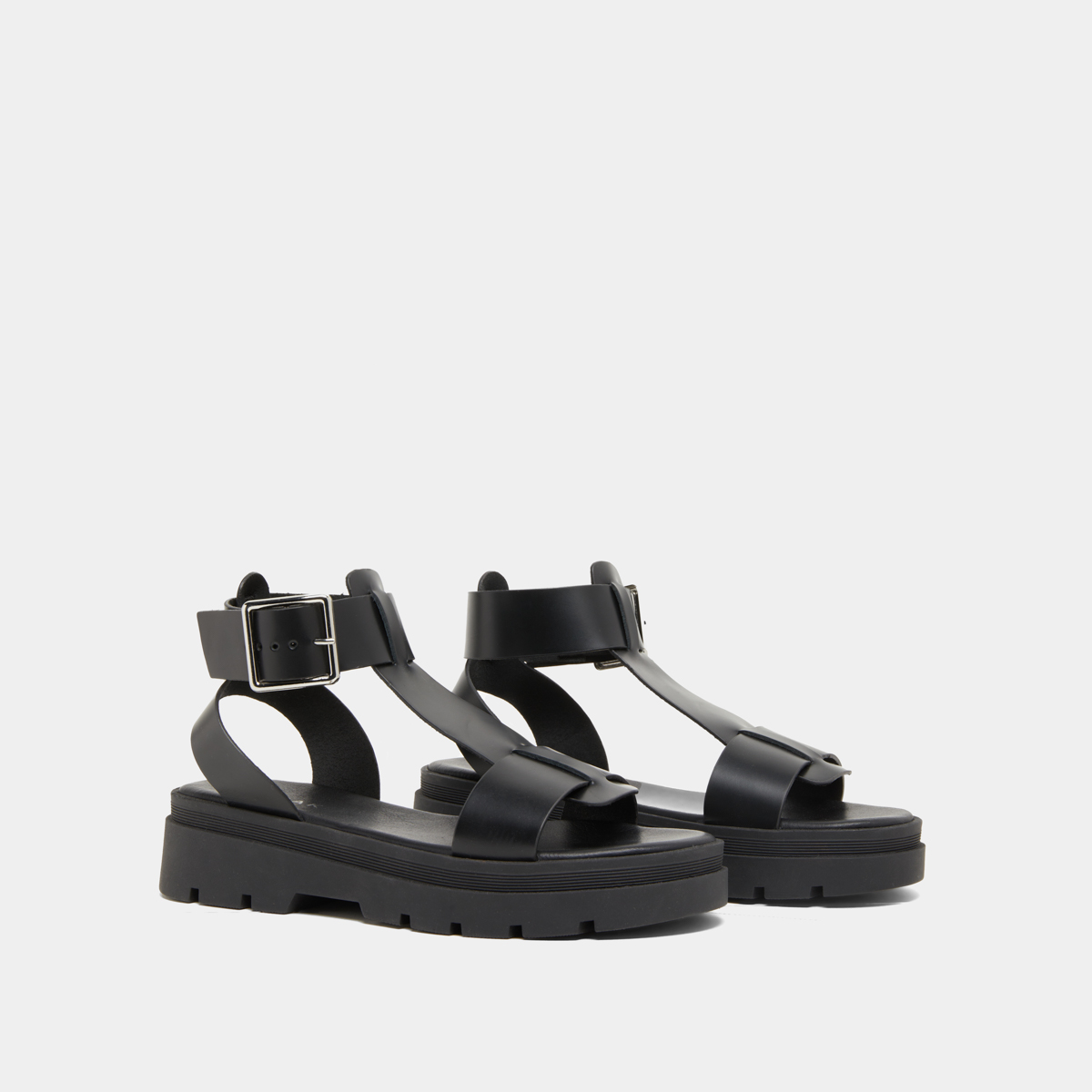 Platform sandals with thick straps in black glazed leather | LILLE