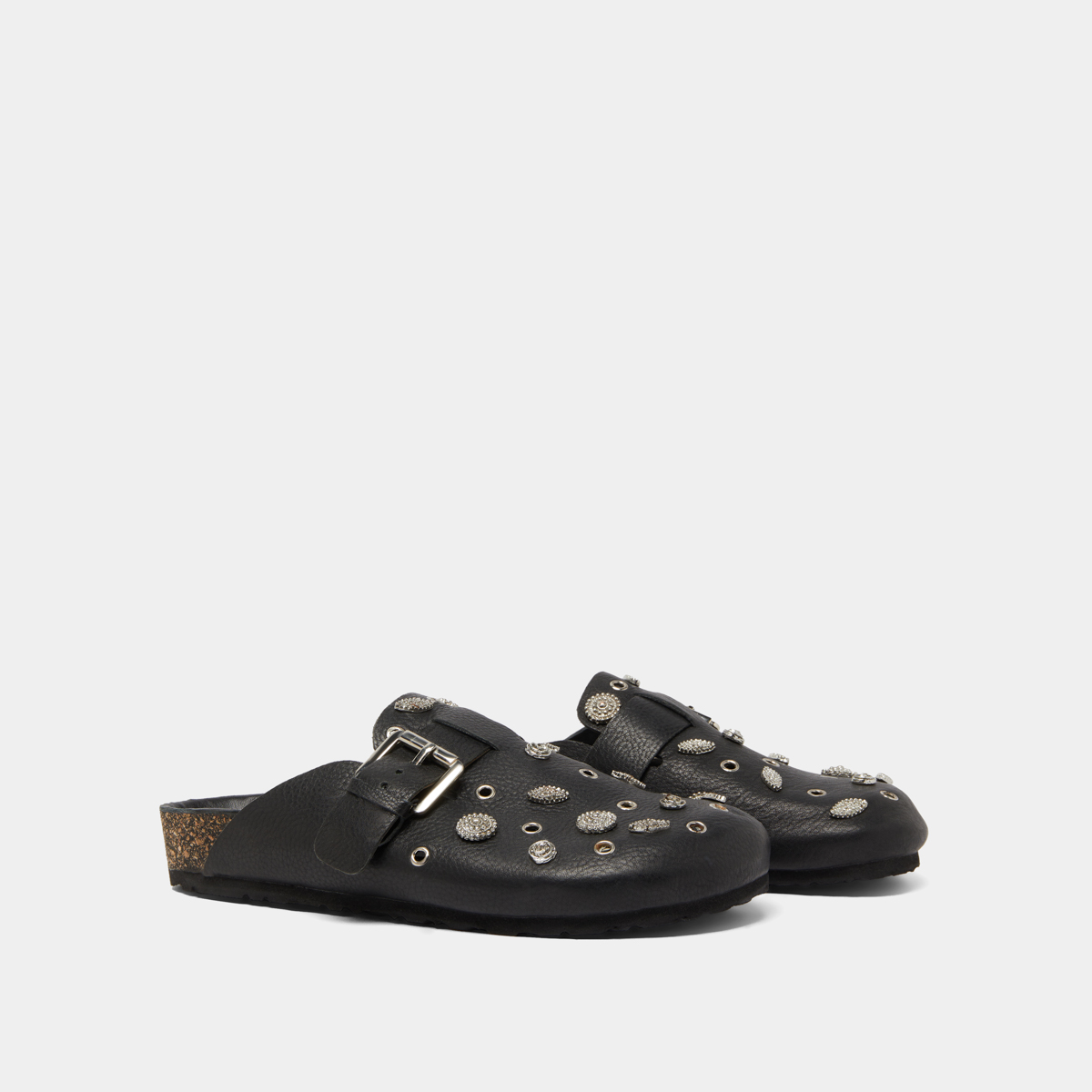 Mules with silver details in black grained leather | WASILA