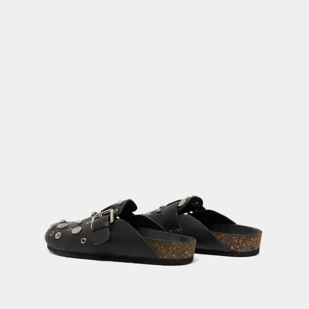 Mules with silver details in black grained leather | WASILA