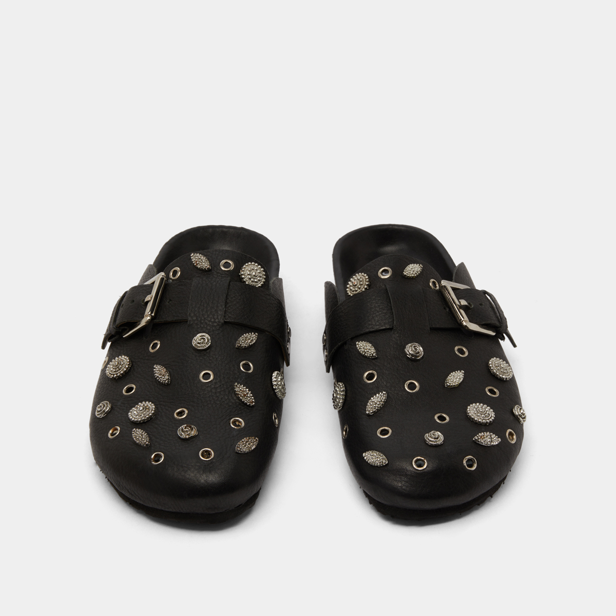 Mules with silver details in black grained leather | WASILA