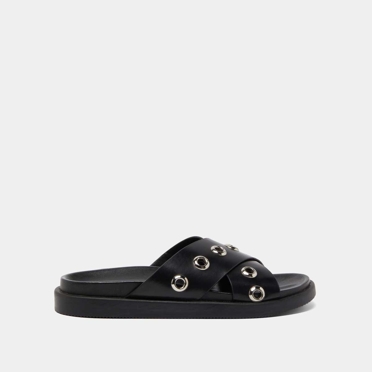Open-toe mules with silver details in black leather | WYOMING