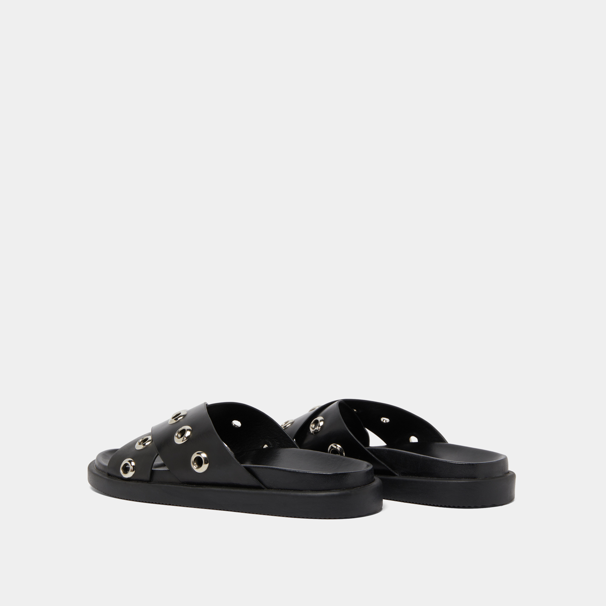 Open-toe mules with silver details in black leather | WYOMING