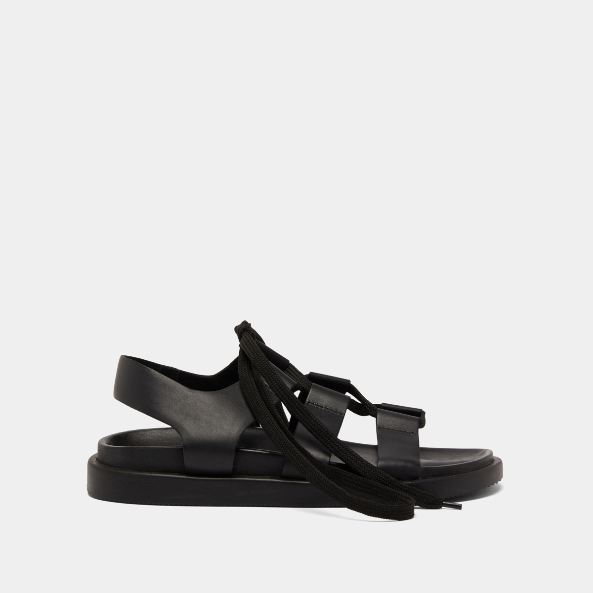 Sandals with multiple straps and laces in black leather | WELLINGTON
