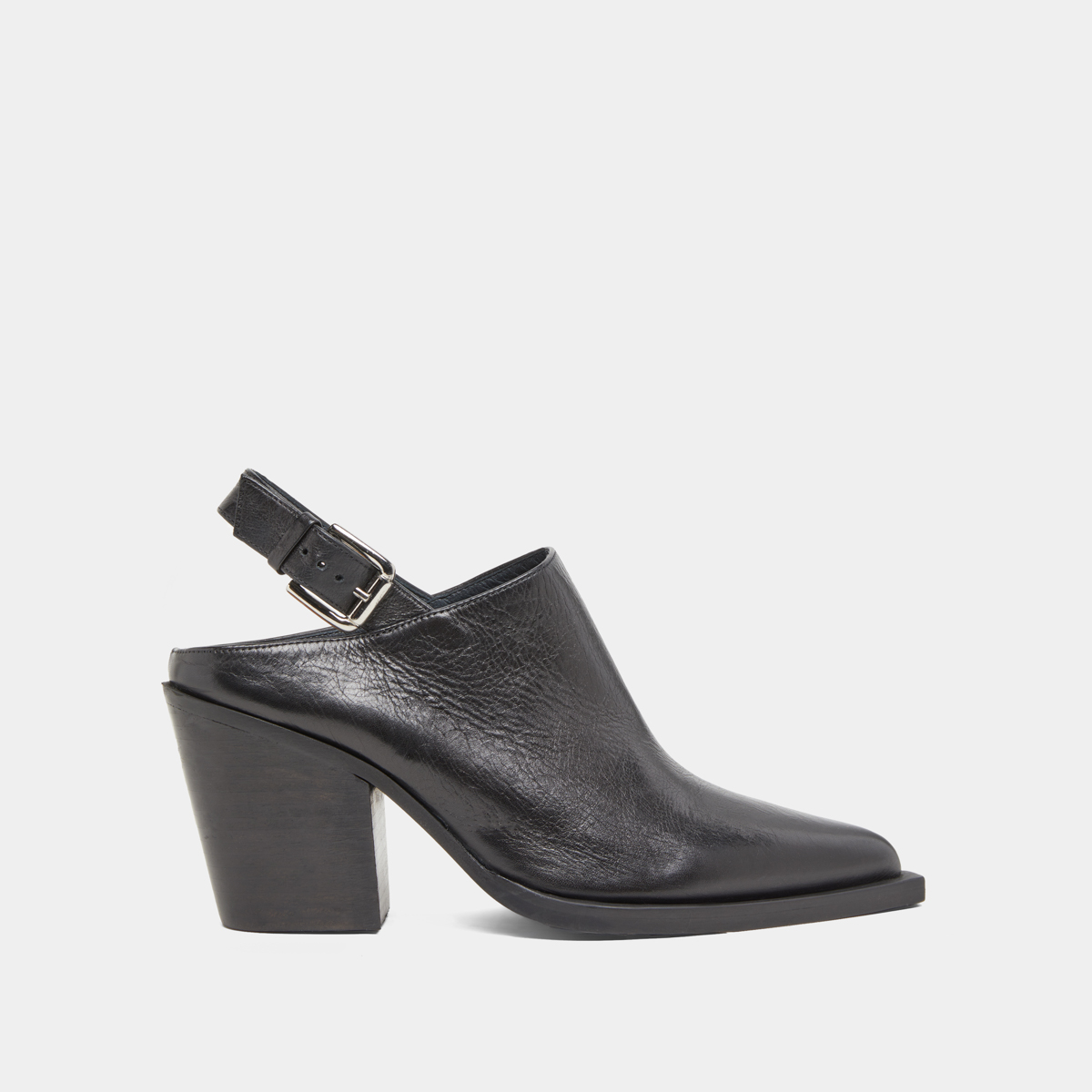 Mules with beveled heels in black leather | DOREN