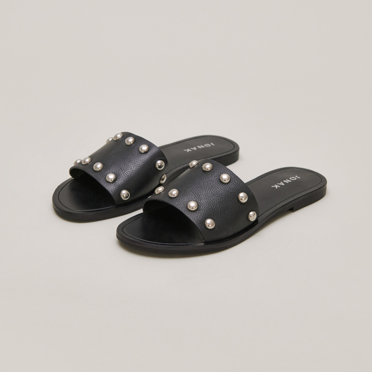 Mules with silver details in black grained leather | WINSLOW