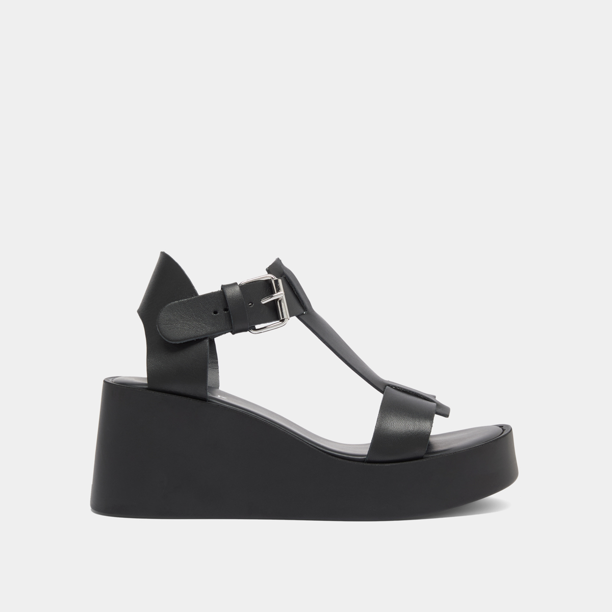 Wedge sandals with adjustable buckles in black leather | ESTELLE