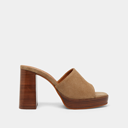 Open-toe mules with high heels in taupe suede | BOREAL