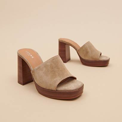 Open-toe mules with high heels in taupe suede | BOREAL
