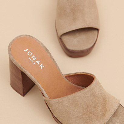 Open-toe mules with high heels in taupe suede | BOREAL